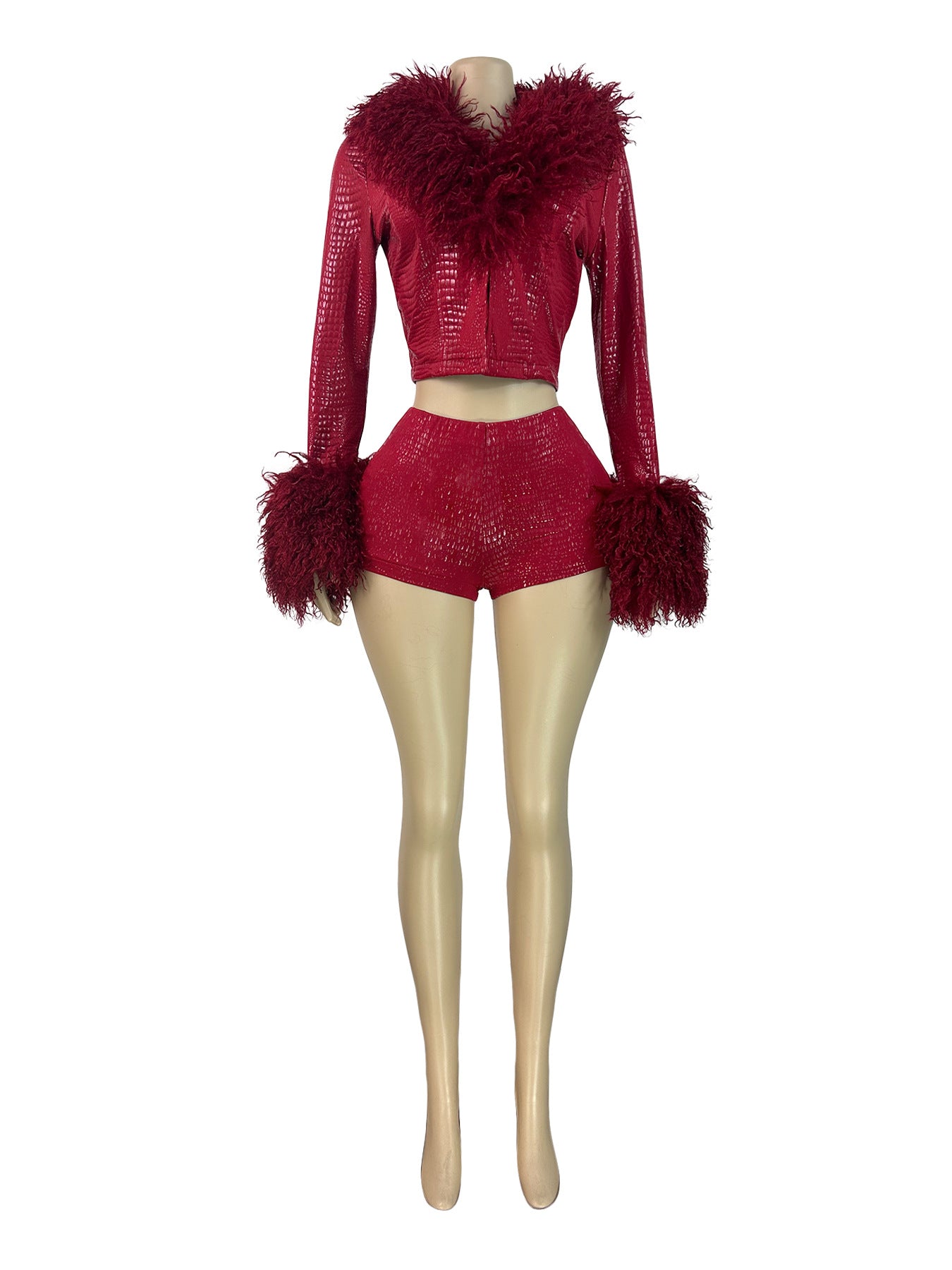 MB1726 Red Crocodile Print Faux Fur Trim 2 Piece Short Set | Cropped Jacket & Shorts