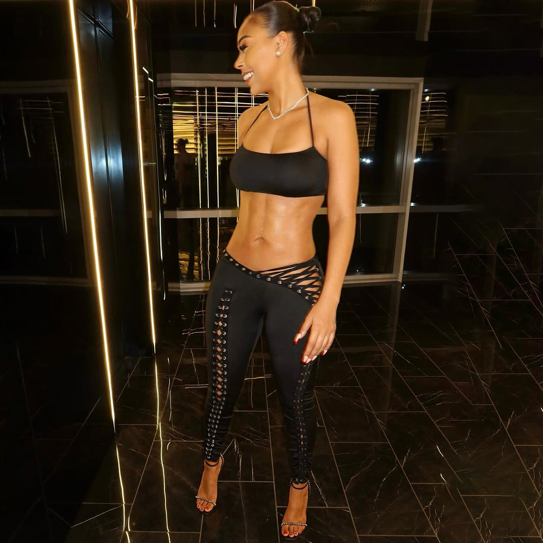 MB1807 Women's Nude Halter Bandeau Crop Top & Waist-Leg Lace-Up High-Waist Leggings Two-Piece Outfit