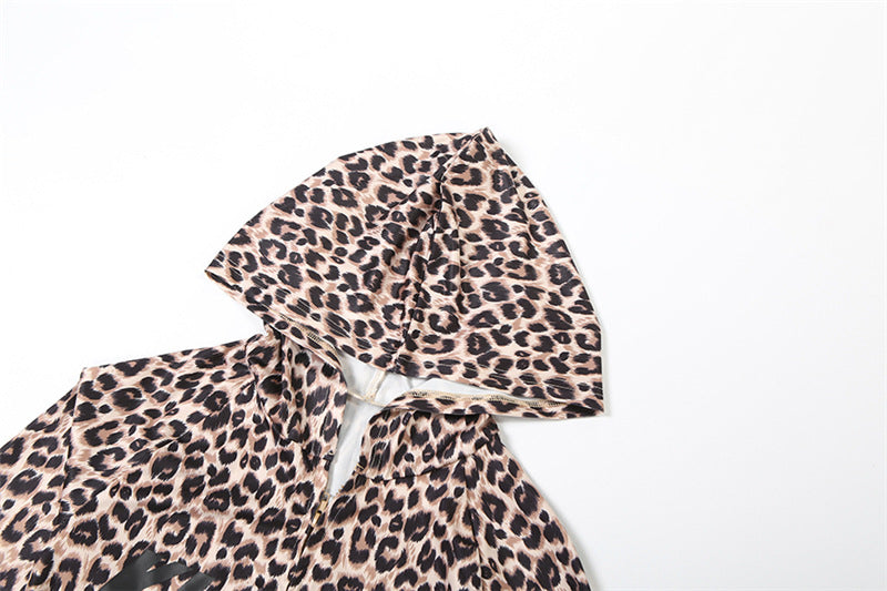 MB1830 Women's Leopard Print Zip Up Hoodie & Flared Pants 2 Piece Set