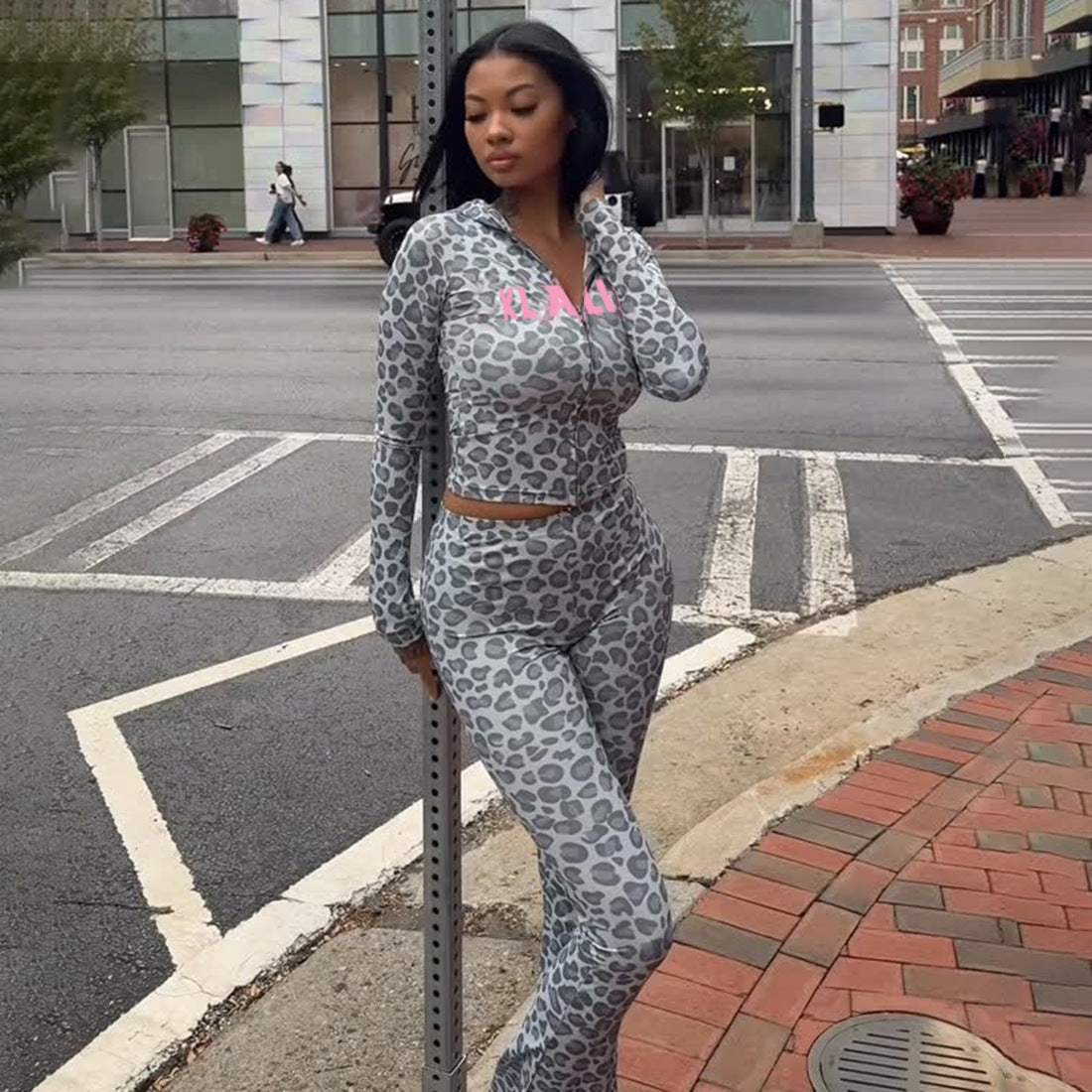 MB1830 Women's Leopard Print Zip Up Hoodie & Flared Pants 2 Piece Set