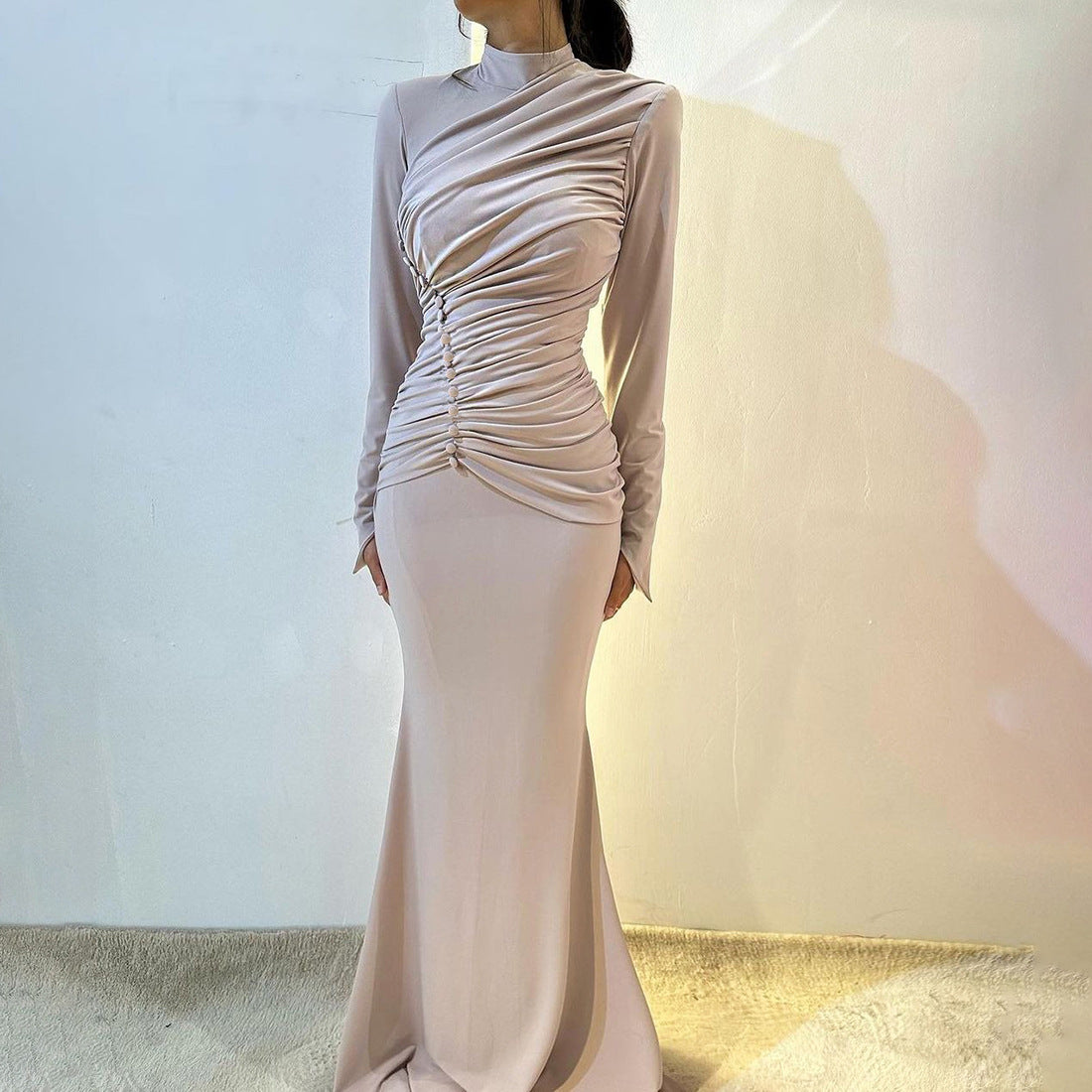MB1127 Turtleneck Long Sleeve Ruched Mermaid Evening Gown