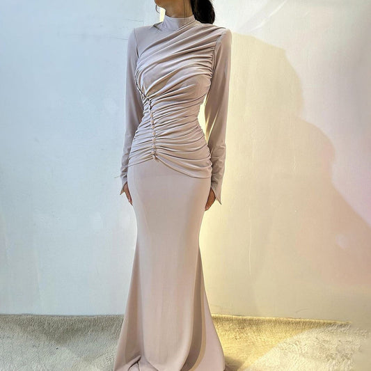MB1127 Turtleneck Long Sleeve Ruched Mermaid Evening Gown