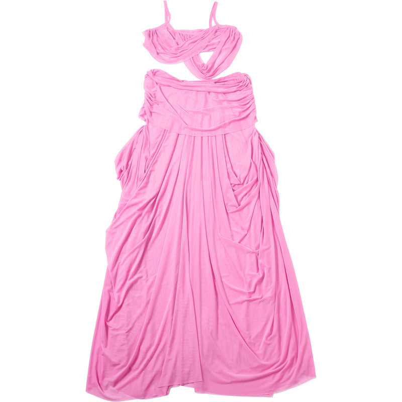 MB1901 Pink Two-Piece Mesh Set – Spaghetti Strap Crop Top & High Waist Maxi Skirt