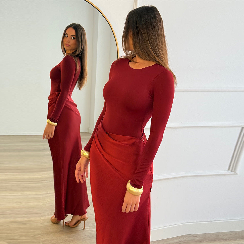 MB1314 Long Sleeve Round Neck Ruched Maxi Dress for Women
