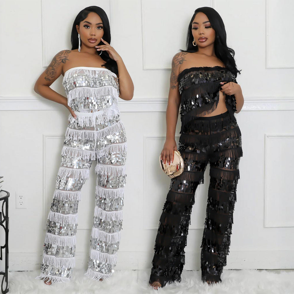 MB1222 Sequin Fringe Top & Wide Leg Pants Two Piece Set