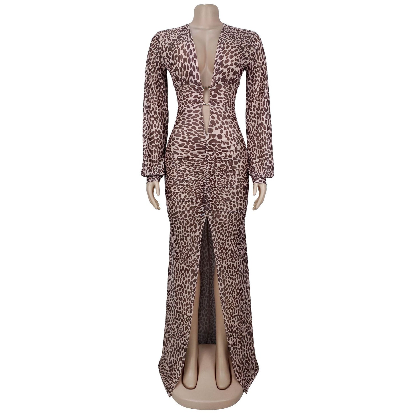 MB1602 Leopard Print Plunging V Side Slit Maxi Dress