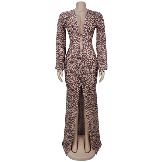 MB1602 Leopard Print Plunging V Side Slit Maxi Dress