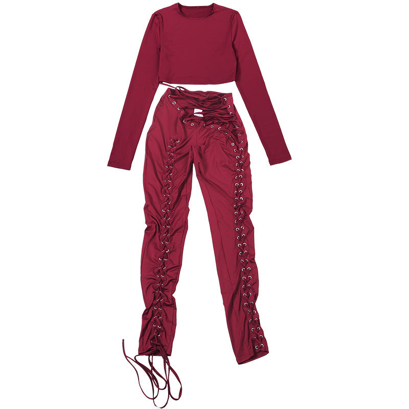 MB1810 Fitted Crop Top & Lace-Up Pants Two-Piece Outfit