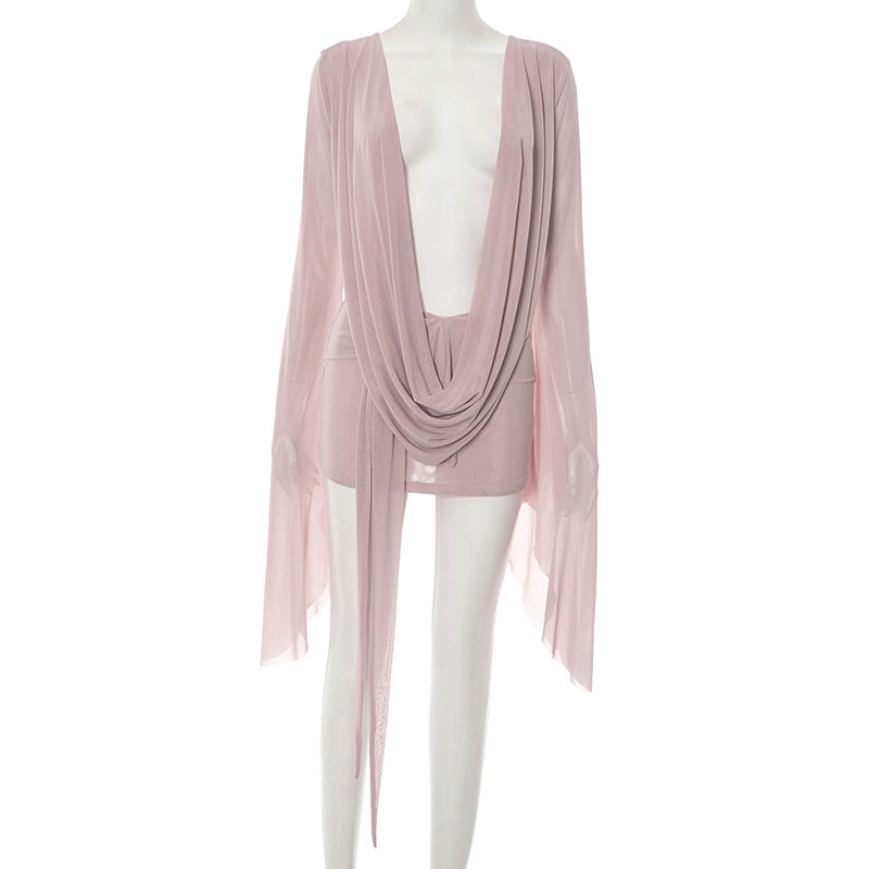 MB1031 Women's Mesh Backless Dress with Draped Neckline