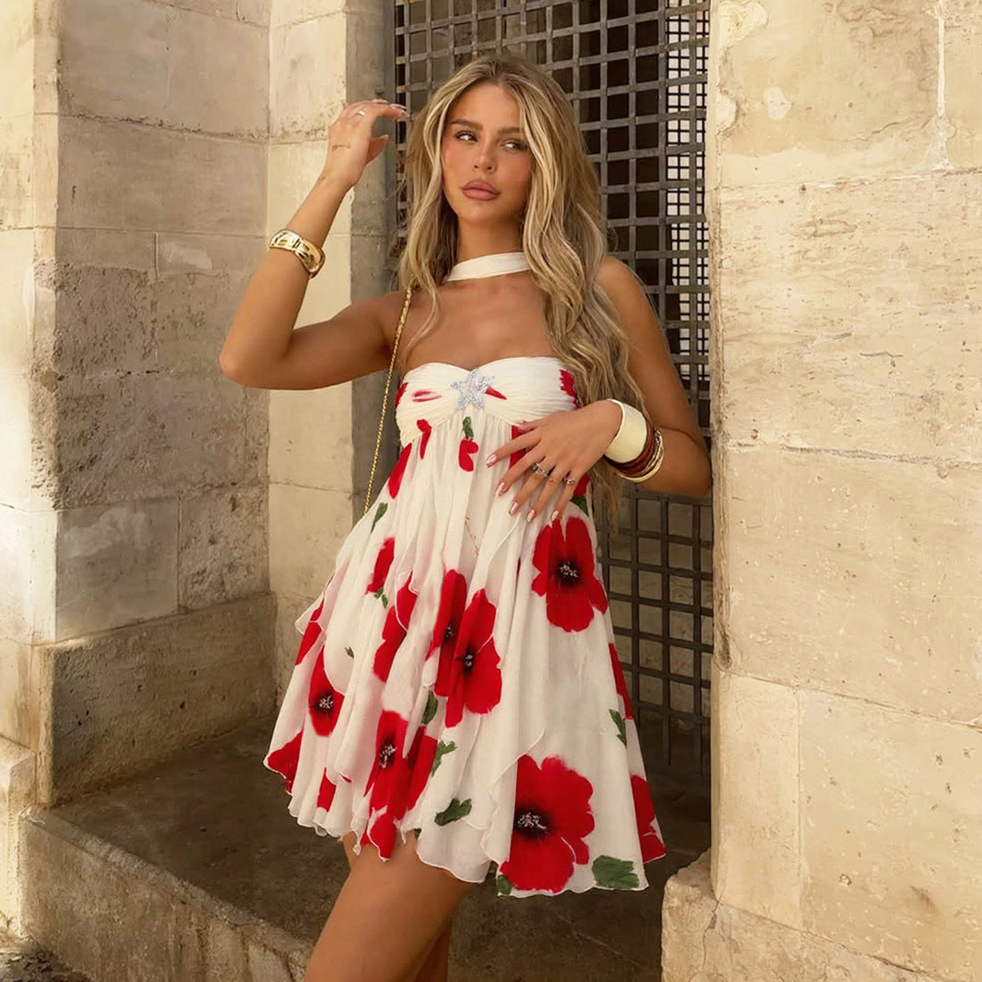 MB1113 Sexy Halter Backless Mini Dress with Ruffled Hem