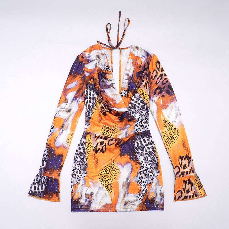 MB1447 Women's V-Neck Animal Print Bodycon Mini Dress