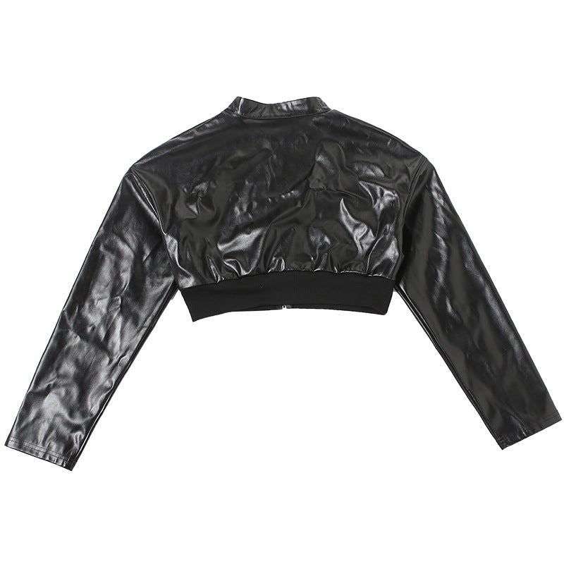 MB1106 Black Cropped PU Leather Bomber Jacket