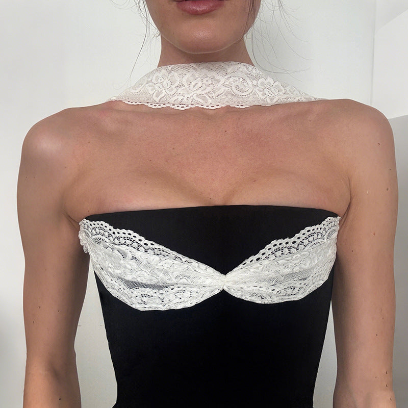 MB1532 Women's Black Strapless Fitted Crop Top with White Lace
