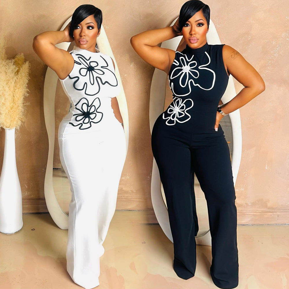 MB1224 Sleeveless High Neck Floral Embroidery Wide Leg Jumpsuit
