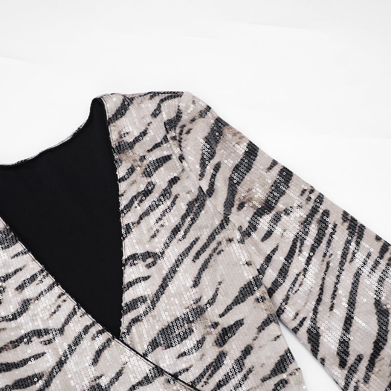 MB1427 Snake Print Sequin Mini Dress with Flared Bell Sleeves