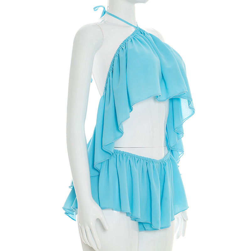 MB10162 Ruffle Halter Two-Piece Set – Backless Crop Top & Ruffle Shorts