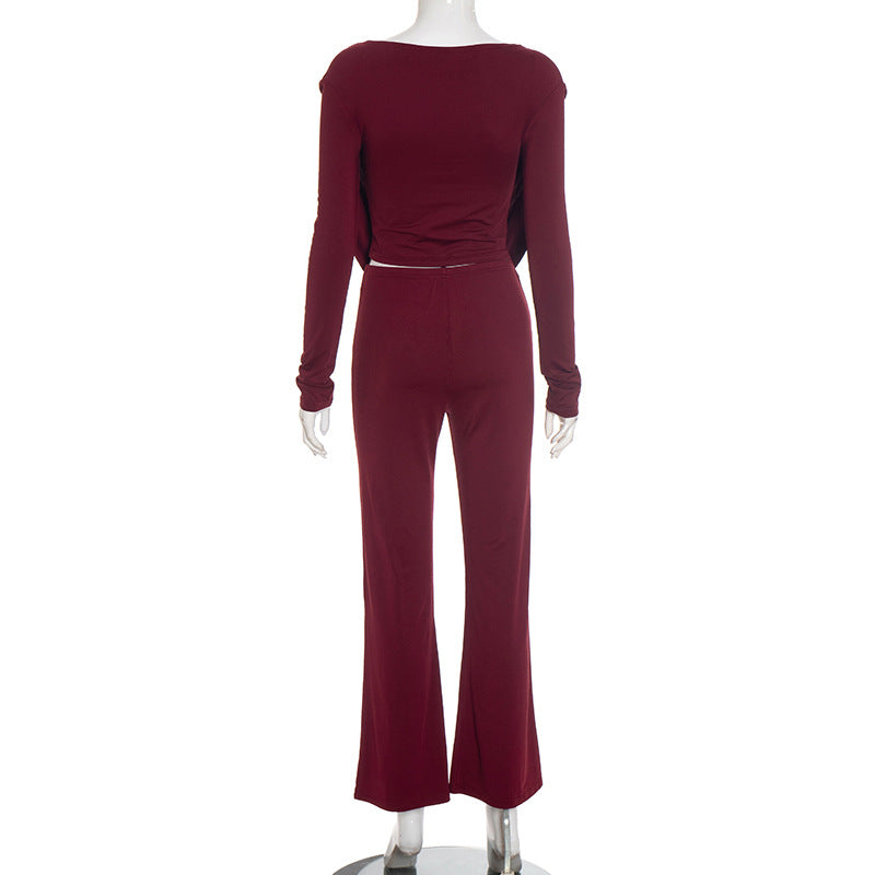 MB1066 Women's Cowl Neck Top &  Wide Leg Pants Two-Piece Set