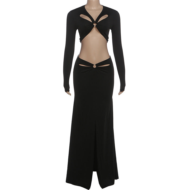 MB1829 Women's Cut Out Long Sleeve 2 Piece Set - Crop Top & Maxi Skirt