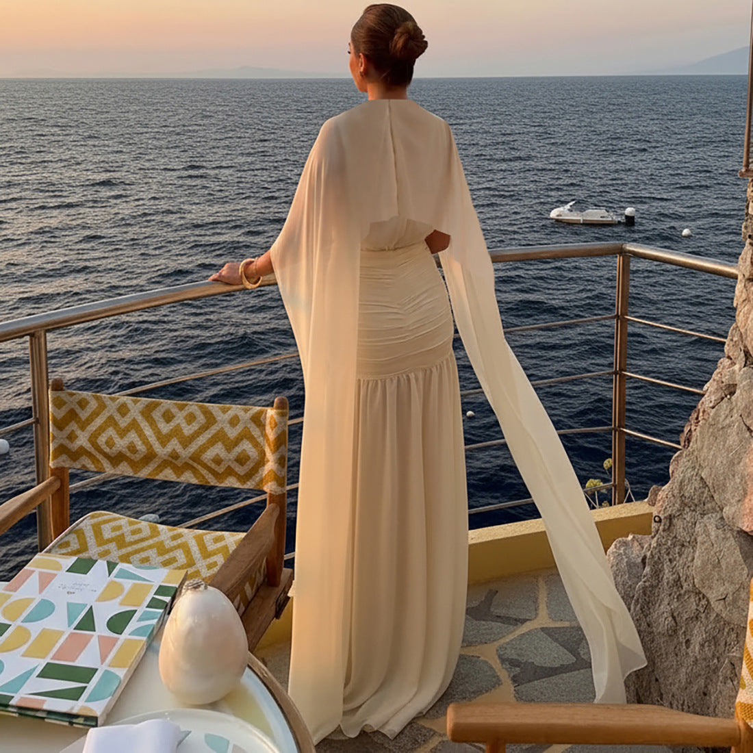 MB1121 Cape Back Ruched Maxi Dress