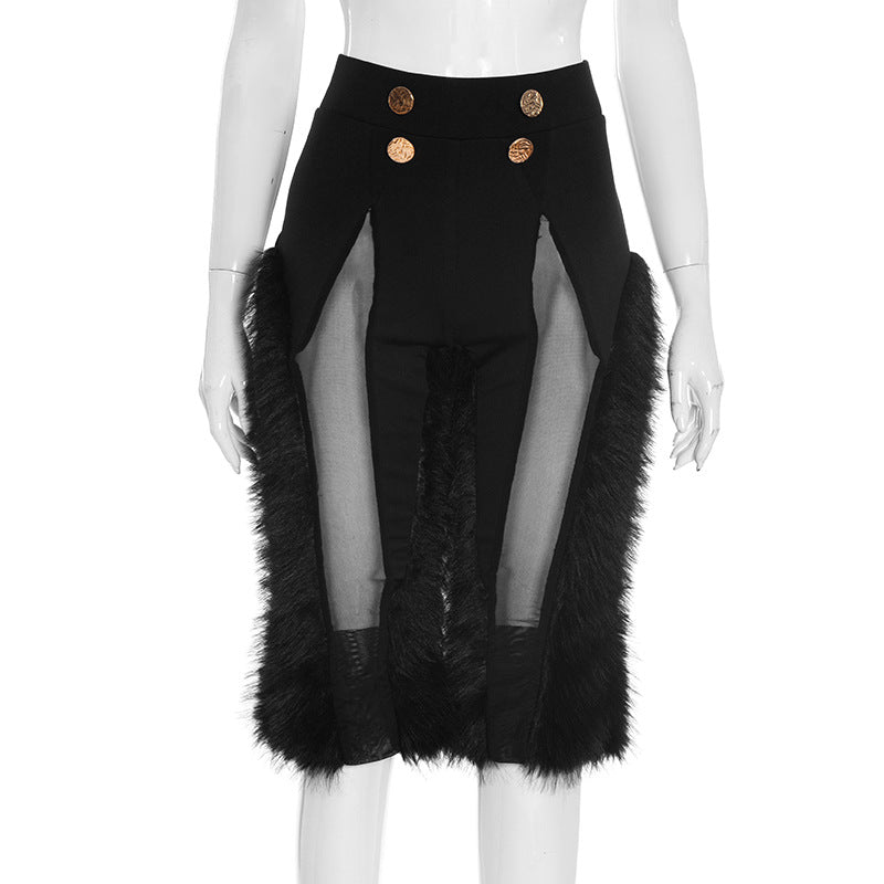 MB10101 High-Waist Sheer Mesh & Faux Fur Trim Pants