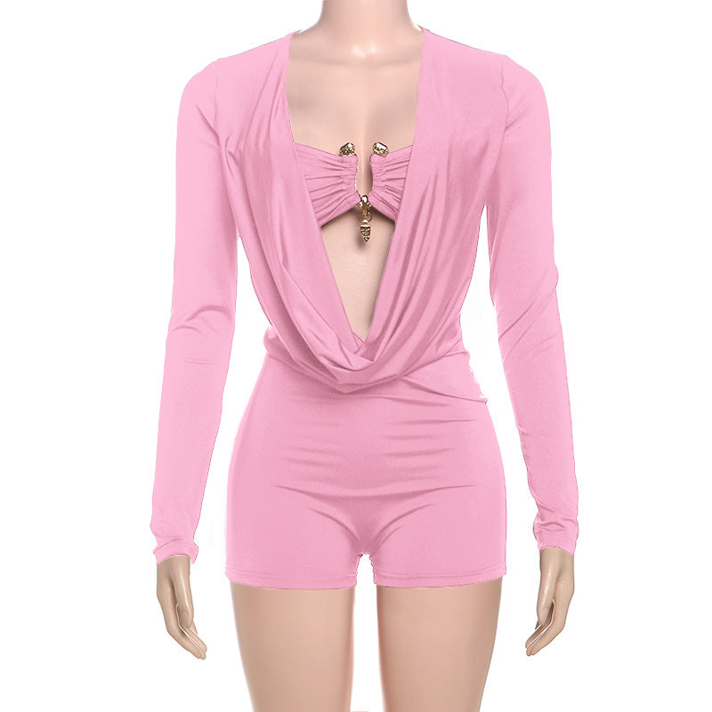 MB1501 Deep V Ruched Long Sleeve Romper
