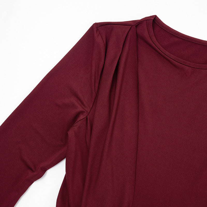 MB1402 Crew Neck Long Sleeve High Slit Maxi Dress