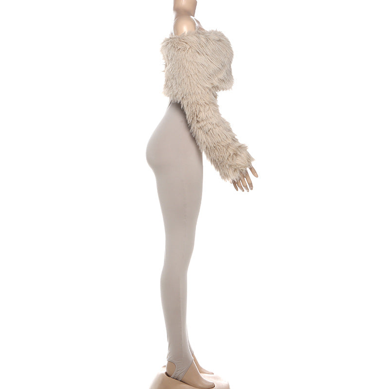 MB1145 Women’s Faux Fur Long Sleeve Jumpsuit