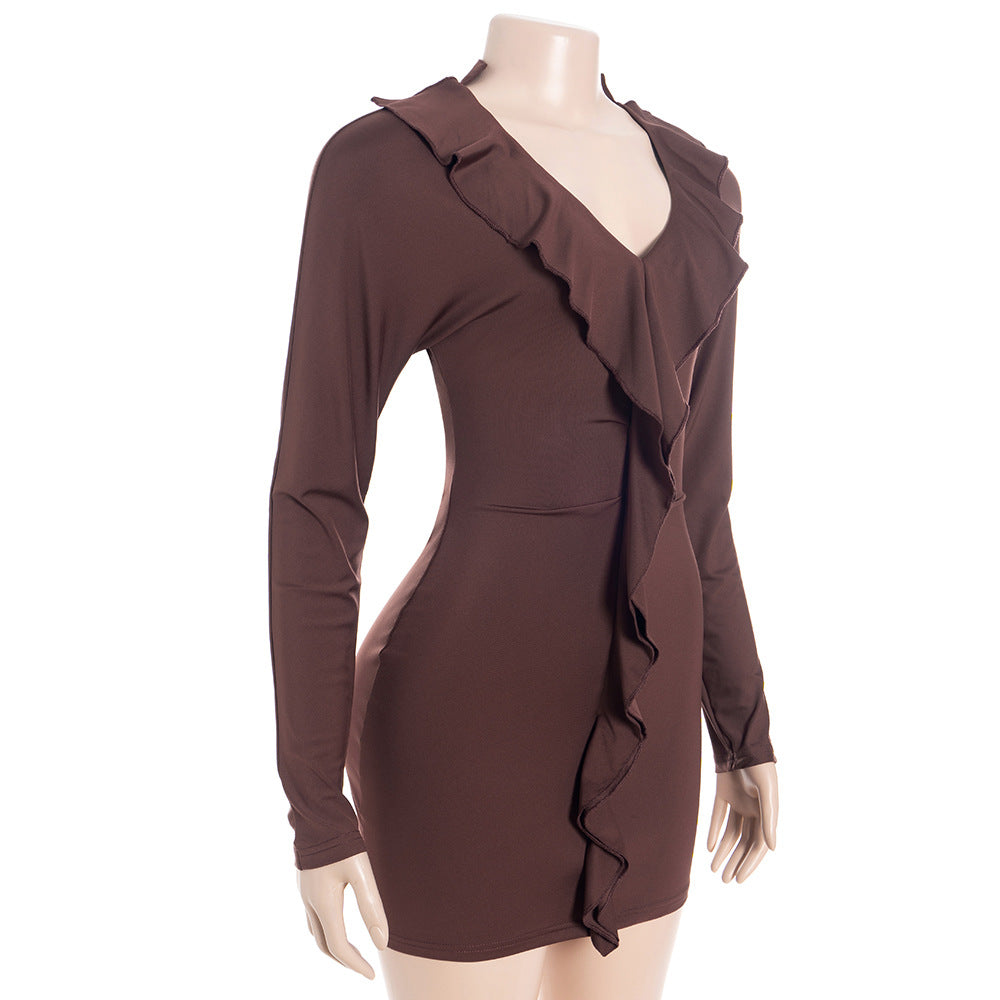 MB1312 Chocolate Brown V-Neck Ruffle Bodycon Mini Dress
