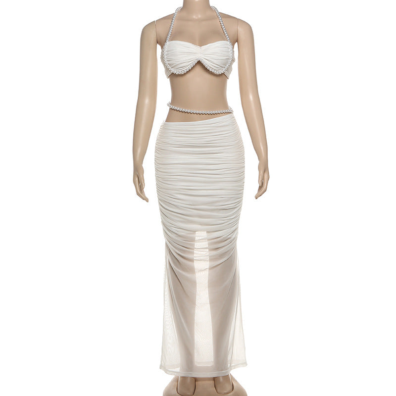 MB1128 Pearl Accent Crop Top & Ruched Bodycon Maxi Skirt Two Piece Set