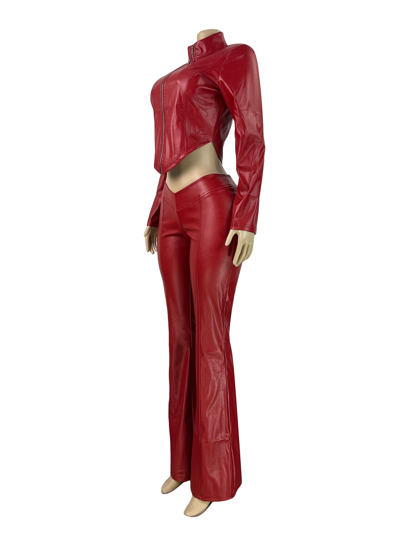 MB1704 Stretchy Leather Cropped Jacket & Flared Pants Two-Piece Set for Women