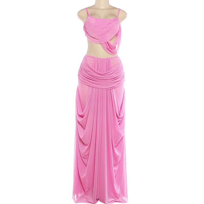 MB1901 Pink Two-Piece Mesh Set – Spaghetti Strap Crop Top & High Waist Maxi Skirt