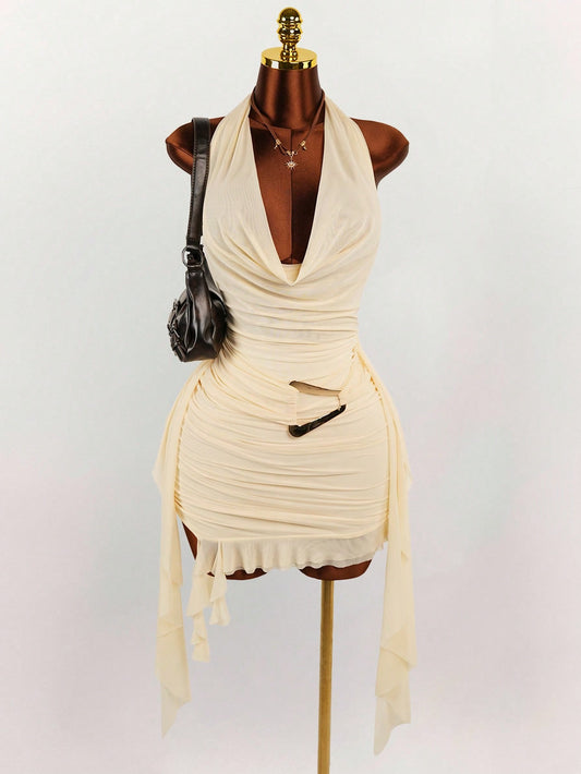 MB2003  Halter Backless Ruched Bodycon Mini Dress - Sexy Cutout Party Dress for Women 