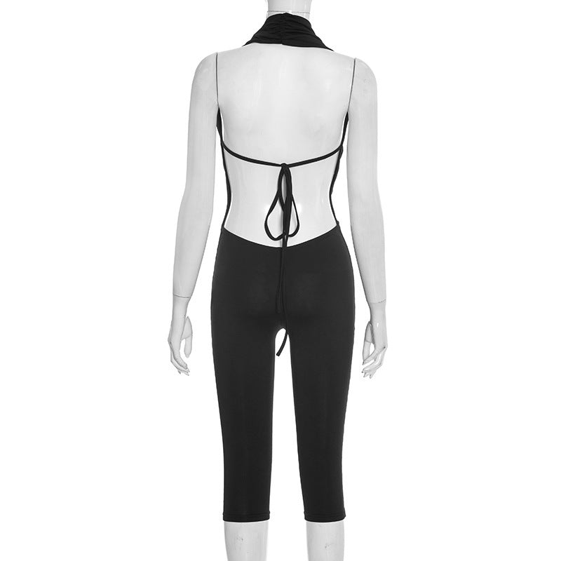 MB10154 Women's Halter Neck Deep V Cowl Front Capri Jumpsuit