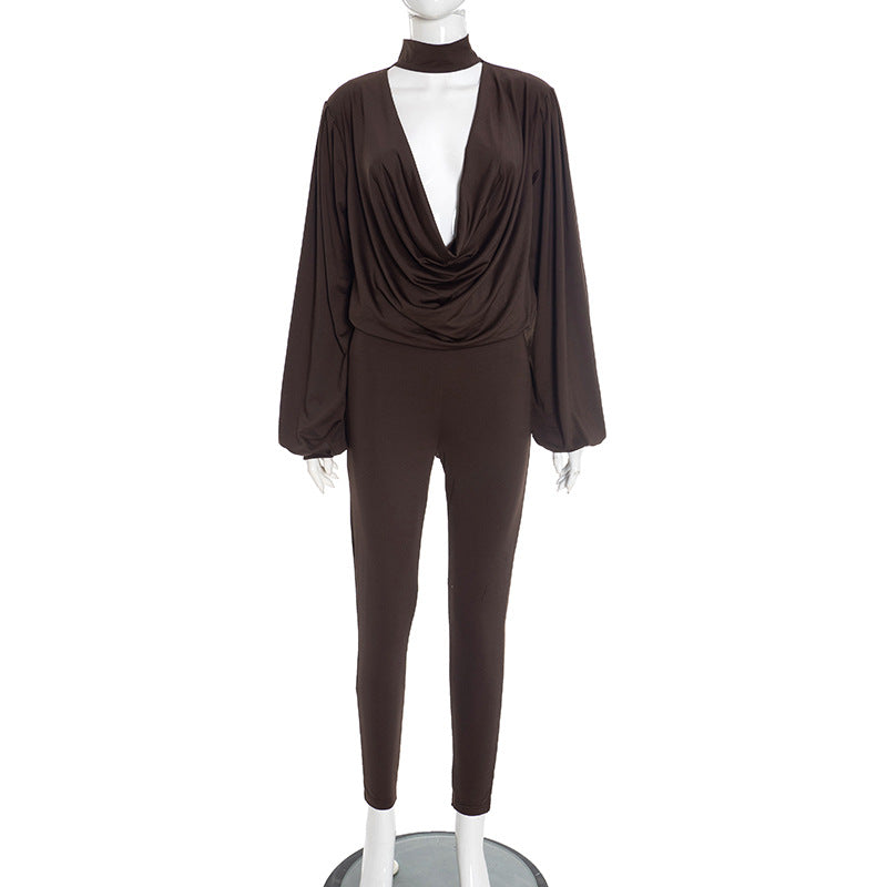 MB10137 Women’s Deep V Long Sleeve Top & Skinny Pants 2-Piece Set