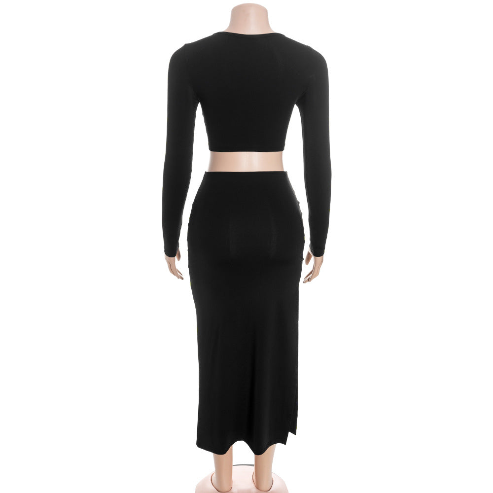 MB1319 Long Sleeve Crop Top & Maxi Skirt Two Piece Set