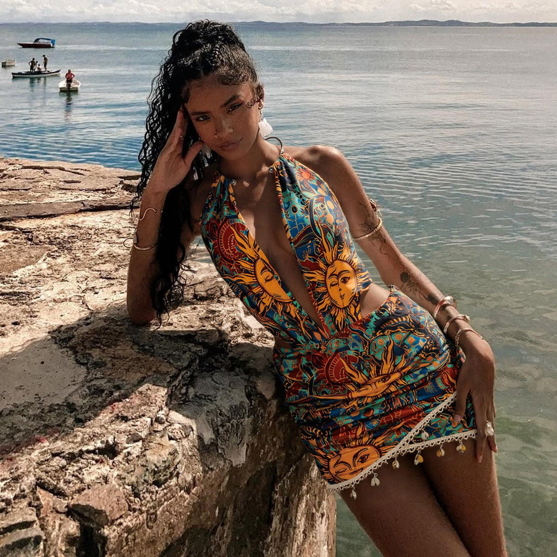 MB1535 Women's Halter Neck Deep V Cut Out Bodycon Mini Dress