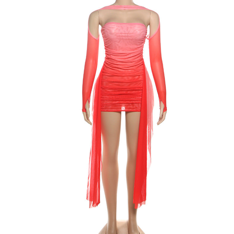 MB1809 Women's Pink-to-Red Gradient Ruched Mini Dress