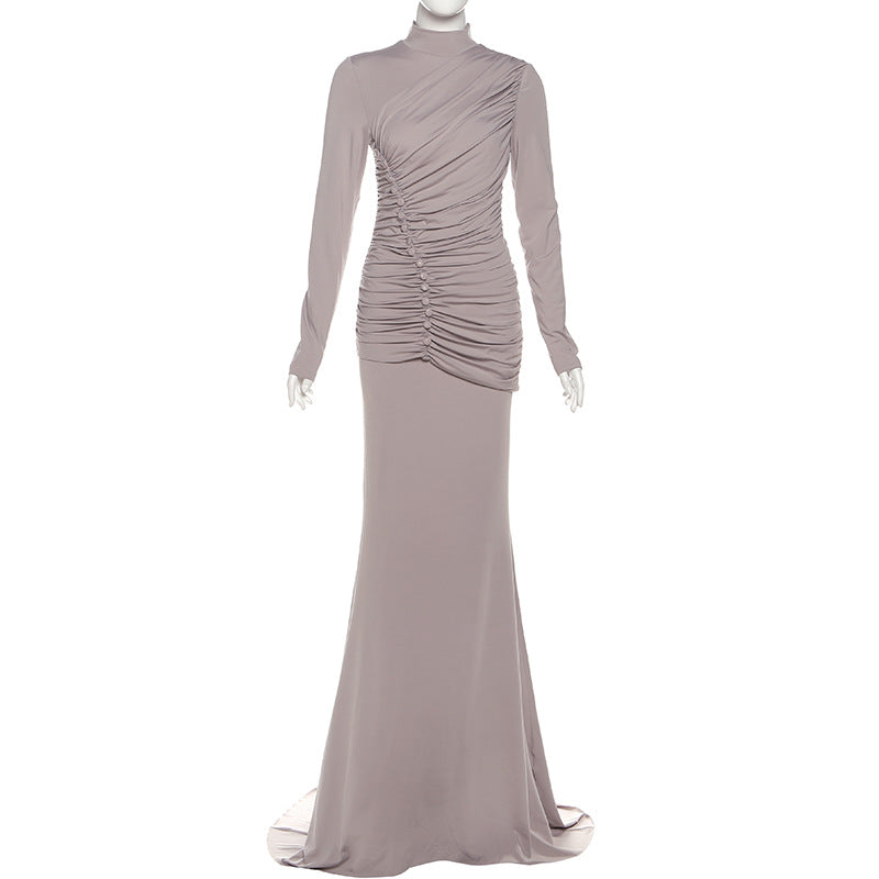 MB1127 Turtleneck Long Sleeve Ruched Mermaid Evening Gown