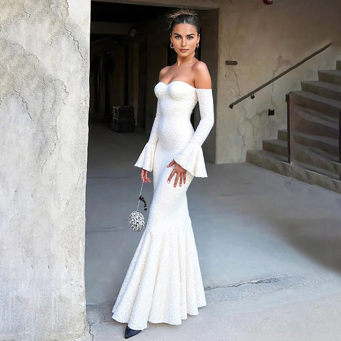 MB1135 Off-the-Shoulder Lace Mermaid Maxi Dress