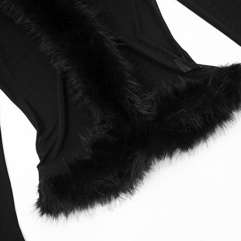 MB10134 Women's Black Sheer Mesh Faux Fur Trim Cardigan Top