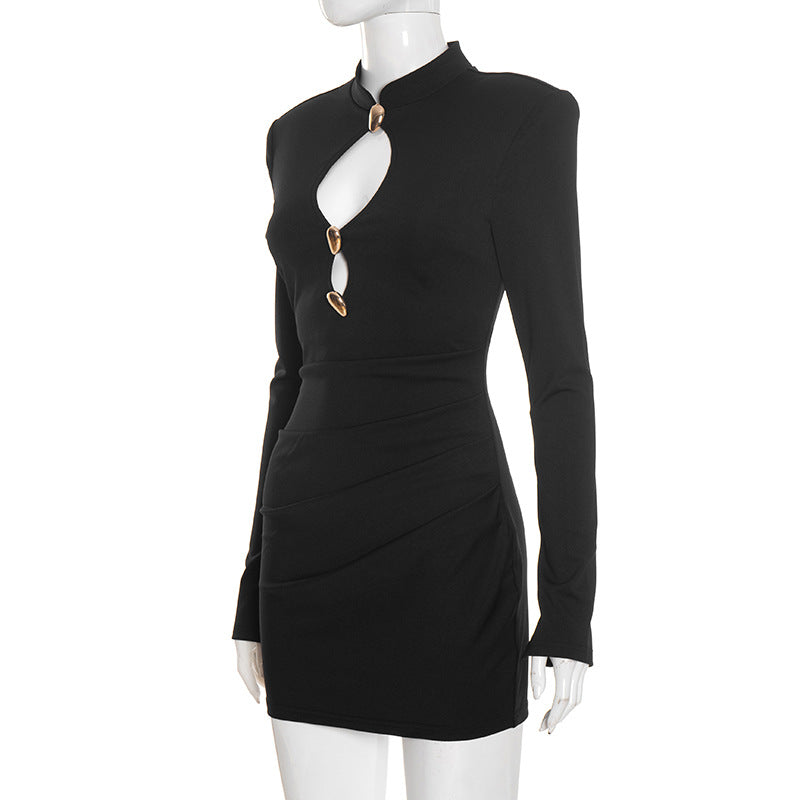 MB1421 Black Mock Neck Cutout Mini Dress for Women