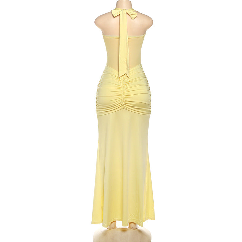 MB1816 Women's Sheer Mesh Halter Ruched Mermaid Maxi Dress