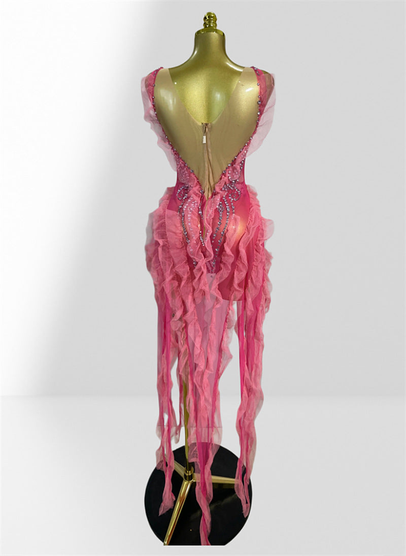 MB2109 Pink Rhinestone Mesh Dress, Ruffle Tulle Fringe Party Latin Dance Performance Gown