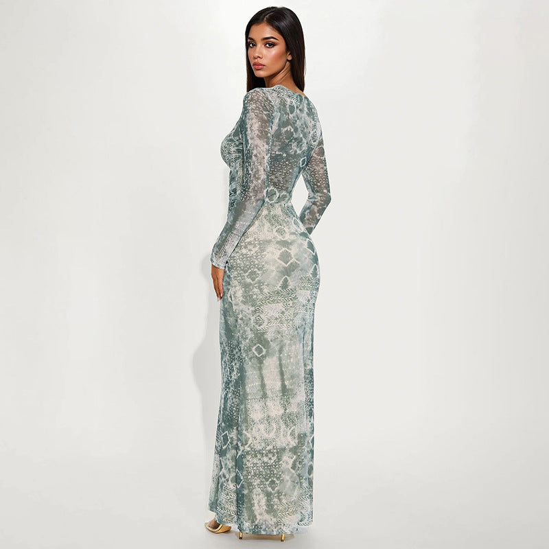 MB10114 Green Tie-Dye Cutout Maxi Dress