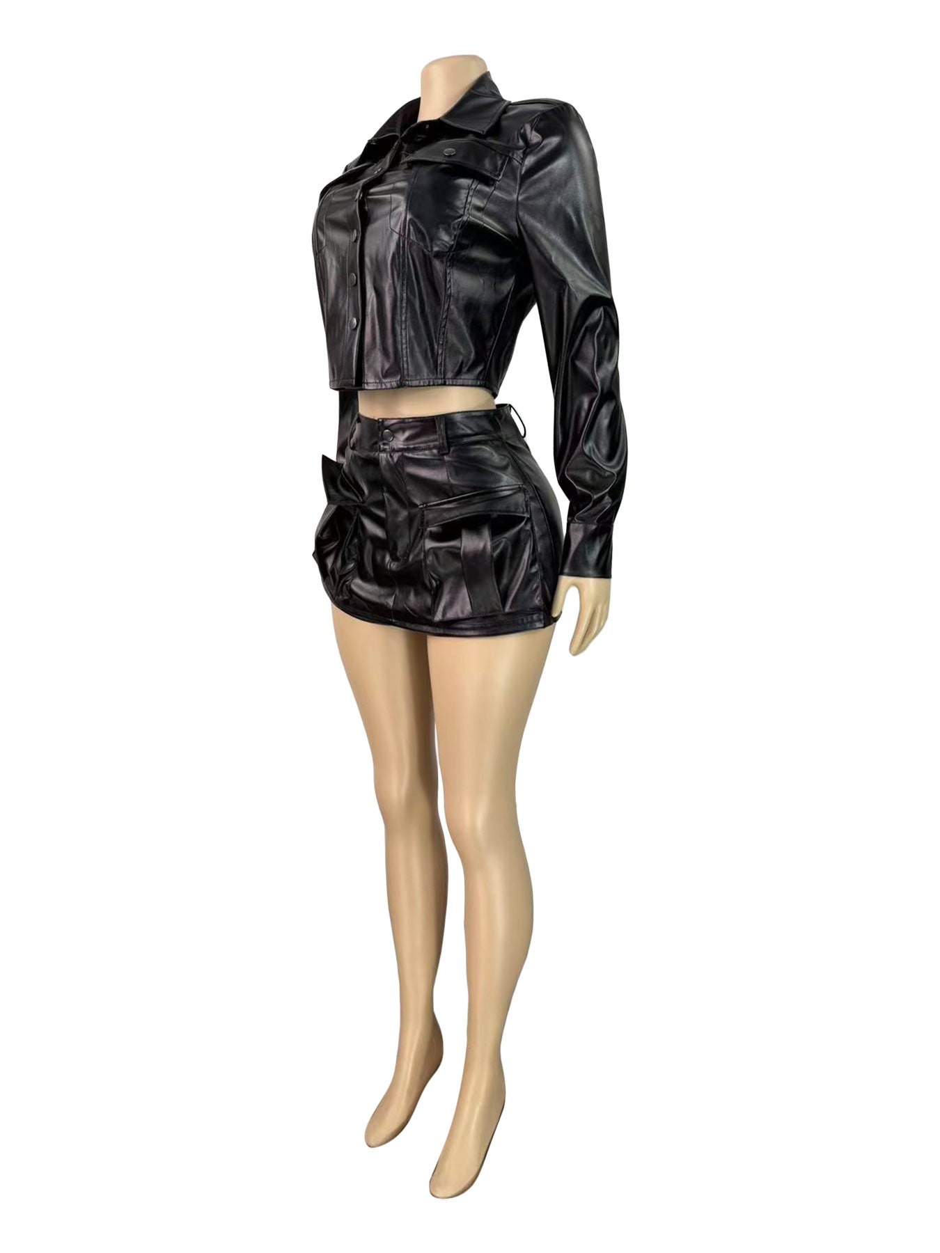 MB1708 Black Biker Style Leather Cropped Top & Cargo Skort for Women