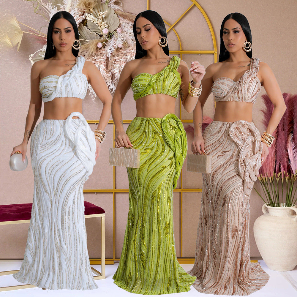 MB1219 Sequin One-Shoulder Crop Top & Bodycon Maxi Skirt Two Piece Set