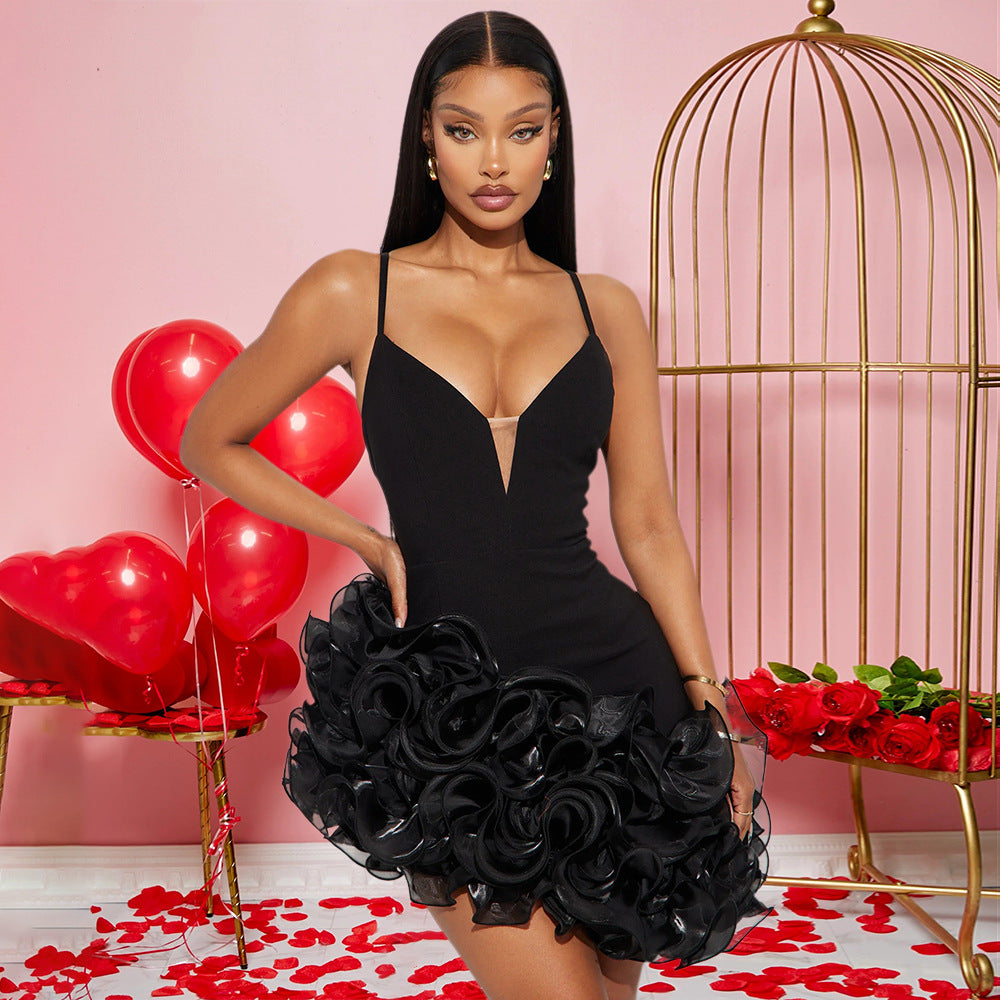 MB1213 Women's Deep V Ruffle Hem Mini Dress