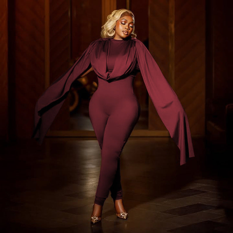 MB10121 Ruched Cape Sleeve Jumpsuit - Bodycon Formal Romper