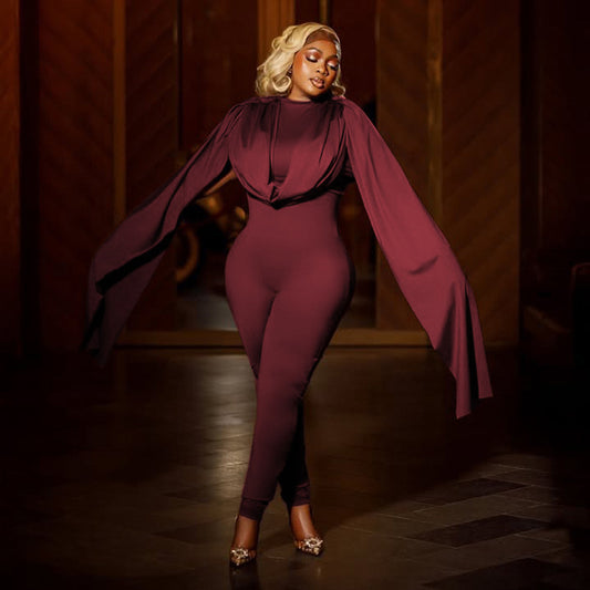 MB10121 Ruched Cape Sleeve Jumpsuit - Bodycon Formal Romper