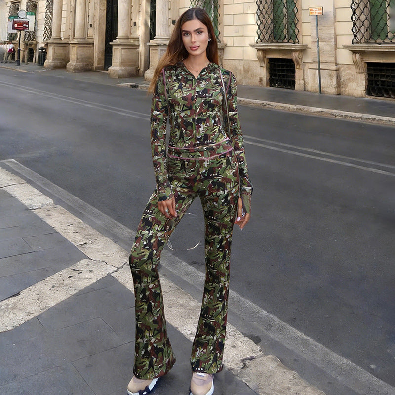 MB1165 Camouflage Print Hooded 2 Piece Outfit | Flare Pants & Zip-Up Tracksuit